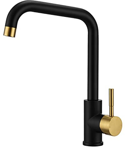 Mitigeur d'évier de cuisine monobloc de style moderne rectangulaire à bec pivotant à 360° - Mitigeur monocommande noir mat et or brossé