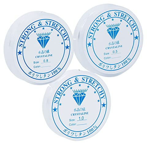 3 Rolls Clear Elastic String for Bracelets, Durable & Strong Bead Thread, Bracelet Elastic Cord for Jewellery Making & DIY Bracelets, Necklaces, Crafts, Decorations (0.5 mm / 0.8 mm / 1.0 mm)