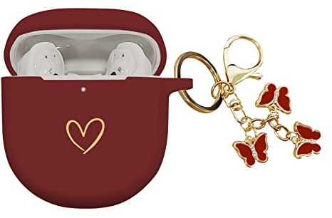 AIIEKZ Compatible with Bose QuietComfort Earbuds II 2022, Soft Silicone Case with Gold Heart Pattern for Bose QC II Case with Cute Butterfly Keychain for Girls Women (Burgundy)