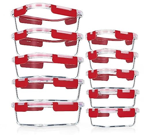 VERONES 10Pack Glass Meal Prep Containers, Airtight Glass Lunch Containers,Stackable Glass Food Storage Containers Set with Lids,Exclusive of BPA, for Microwave,Oven, Freezer&Dishwasher Friendly,Red