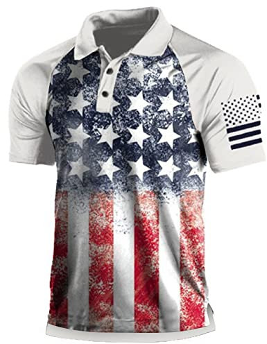 Men's Patriotic Performance Golf American Flag Classic Fit Polo Shirt Casual Short Sleeve Outdoor Tactical Polo Shirt(White,Large)