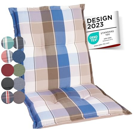 gardisun Gartenstuhlauflagen Niedriglehner I Extra Dicke Sitzauflagen I Made in Europe I Stuhlauflagen für Niederlehner Gartenstuhl I Auflagen mit extra hohem Komfort I 6er Set I Blau-Braun-Kariert