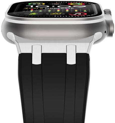 NewWays kompatibel mit Apple Watch Armband 49mm 46mm 45mm 44mm 42mm(Serie 1 2 3), Silikon Sport Armband für iWatch Ultra 2/Ultra Series 10/9/8/7/6/5/4/3/2/1/SE Herren Damen,Schwarz/Silber Stecker