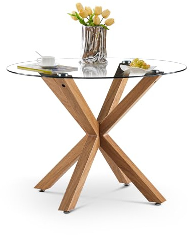 CLIPOP Round Dining Table with Tempered Glass Top 100cm, Wooden Pattern Legs Small Kitchen Table for Home Living Room, Dining Room Corner