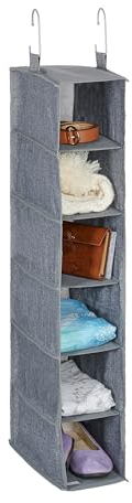 Relaxdays, grau Kleiderschrank Hängeregal, 6 Fächer, Stoff, HBT: 92 x 15,5 x 30 cm, 2 Haken, Schrankaufbewahrung hängend, Polyester, Kunststoff, Pappe
