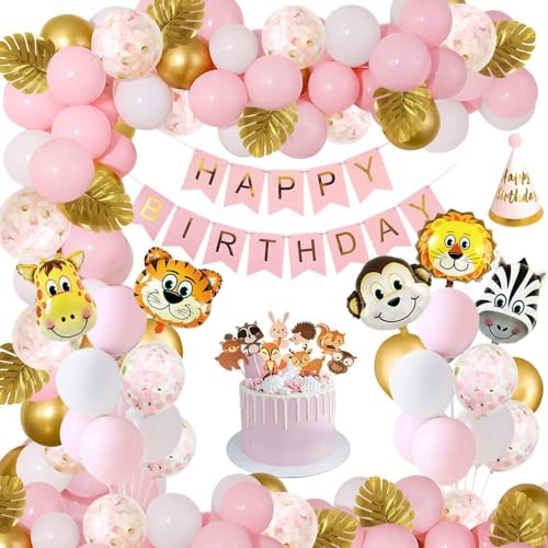 Dschungel Geburtstag Dekoration Mädchen, Rosa Safari Geburtstagsdeko,Kindergeburtstag Deko Safari Tier Luftballons, Happy Birthday Banner Dekoration für Mädchen Waldtiere Ballons 1-5 Geburtstag Deko