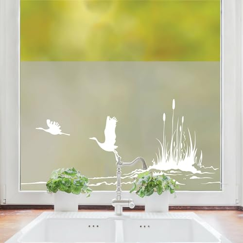 Wandtattoo Loft Sichtschutzfolie Fenster mit Schilf und Kranichen Motiv, Fensterfolie Blickdicht, Milchglasfolie Fenster, Fensterdeko Selbstklebende Folie, Fenster Dekoration, Fenster Klebefolie