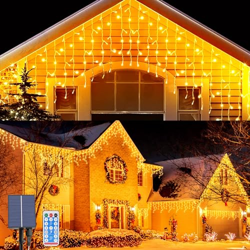 OPAHUTER Solar Eiszapfen Lichterkette Außen, 7 M 256 LEDs Eiszapfen Lichterkette mit 8 Modi, IP65 Wasserdicht, Fernbedienung Eisregen Lichtervorhang für Weihnachten Hochzeit Garten Balkon