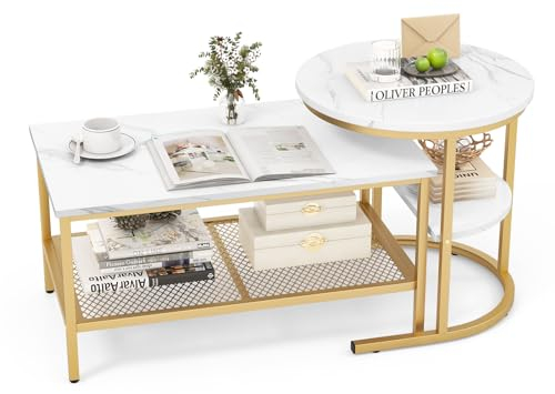 COSTWAY Nesting Coffee Tables Set of 2, Faux Marble Stacking Sofa Side End Table with Storage Shelf, 2-Tier Metal Frame Accent Center Tea Tables for Living Room Bedroom Office (Golden+White)