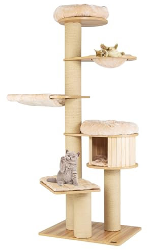 Maxmass Multi-level Cat Tree, 193cm Wooden Kitten Tower with Padded Top Perch, Condo, Scratching Posts, Hammock & Basket Bed, Indoor Cats Activity Centre for Bedroom Living Room Pet Store