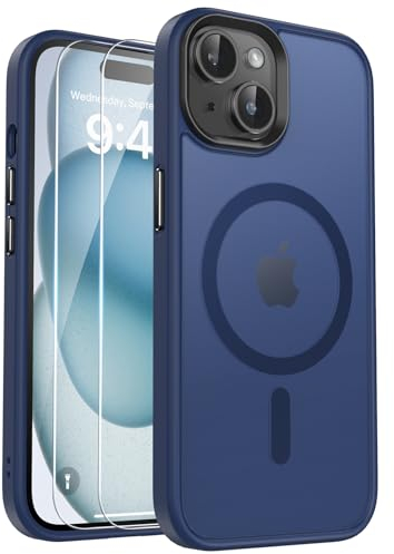 Kmofizle Handyhülle für iPhone 15 Hülle Kompatibel mit Magnet [Stärkste Saugkraft] mit Schutzfolie, [Transluzente Matte Schutzhülle] Stoßfeste Kratzfeste Mattierte Hülle iPhone 15, Blau