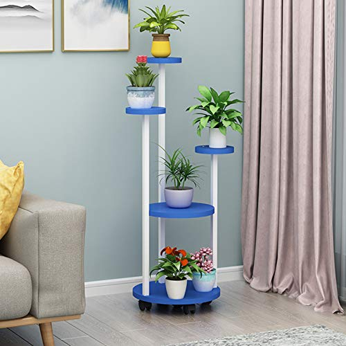 ZXNANA 5-stufiger Topfpflanzenständer mit Rollen, runder, schmaler Multi-Blumentopfständer für Wohnzimmer, Küche, Balkon, Terrasse, Ecke (Blue 35×35×116cm)
