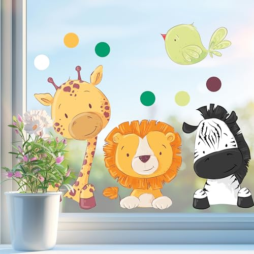 Sunnywall Fensterbild Fensterdeko Tiere Giraffe Löwe Zebra Vogel Fensteraufkleber statisch selbstklebend beidseitiger Druck Aufkleber Fenstersticker WIEDERVERWENDBAR A2