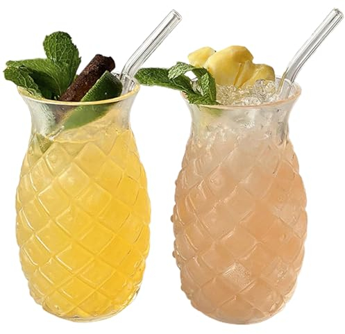 Lawnrden 2 Piezas de Copas de piña con pajitas de 14 oz Copas de piña Divertidas Vasos de Tiki Forma Forma de piña