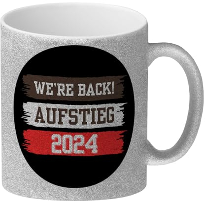 St. Pauli Aufstieg 2024 Glitzer-Kaffeebecher mit Spruch We're back We're back Hamburg Reeperbahn Landungsbrücken Hafen Wappen