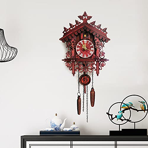 WEIGR Retro Kuckucksuhr - Traditionelle Kleine Hölzerne Kuckucksuhr, Dekorative Bauernuhr im Schwarzwälder Stil, Vintage Holz Vogel Wanduhr Geschenk in Rot 25x19x5.5cm