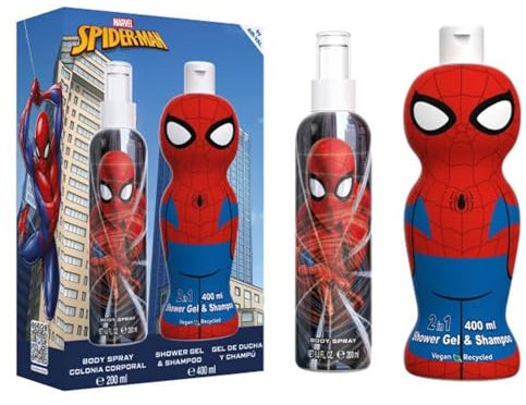 Air-Val Coffret Cadeau Spiderman Scent Eau de Cologne Naturelle (200 ml) et Gel Douche 2 en 1 et Shampooing pour Enfants (400 ml), Végétalien pour Enfants