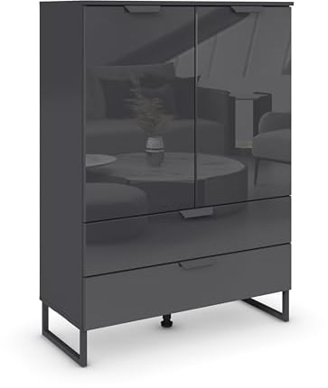 Rauch Möbel Modern by Aditio Hochkommode, Kommode, Highboard, Türkommode, Schrank, 2-türig, 2 Glastüren, 2 Schubladen, Soft-Close, Kufenfuß, Farbe Glas Basalt/Grau metallic, Schwarz, 93x130x44cm