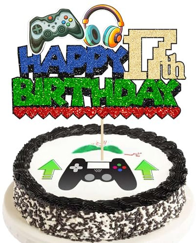 Ephlyn 1Pcs Video Game 17th Birthday Cake Topper Glitter Cake Pick Game On Controllers Seventeen Cheers to 17 Years Cake Decoration for Happy 17th Birthday Party Supplies