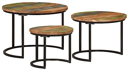 SDWEHO7 Couchtisch 3er Set, Wohnzimmertisch rund, Kaffeetisch, Satztisch, Sofatisch, Teetisch, Nachttisch für Schlafzimmer, Ablagetisch, Recyceltes Massivholz Mehrfarbig 55 x 40 cm