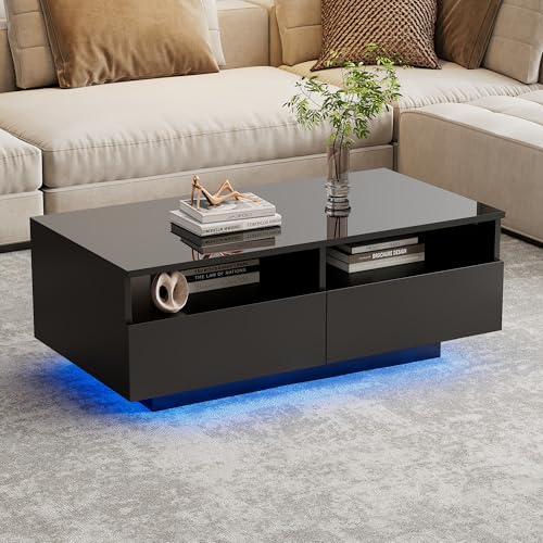 Merax Couchtisch Wohnzimmertisch mit 2 Schubladen, LED Hochglanz Kaffeetisch Sofatisch Beistelltisch, Moderner Mitteltisch mit Stauraum, Wohnzimmermöbel, einzigartige Design, 95x50x35cm, Schwarz