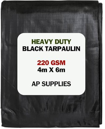4m x 6m Black Tarpaulin Cover - 220gsm Thick - Waterproof, Weatherproof, Frost-Resistant, UV Protection, Universal, Multipurpose, Groundsheet, Camping, Boating, Hiking, Heavy Duty Sheet