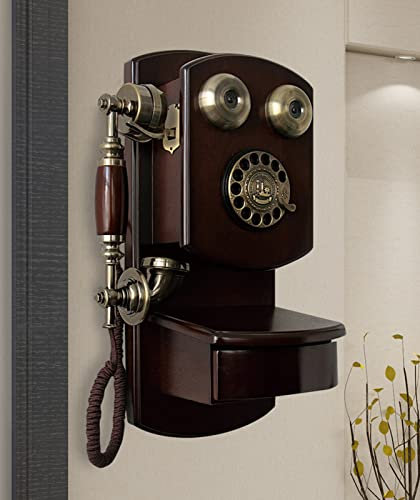 UIYOHSADG Retro Rotary Dial Telephone, Wooden Wall-Mounted Landline Telephone, Old Fashion Corded Phone for Home/Office