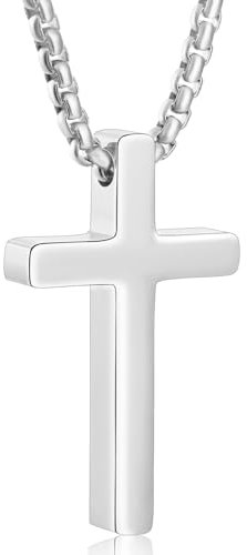 Aretas Small Stainless Steel Cross Pendant Necklace for Men Boys Him Christian Confirmation Baptism Easter Jewelry Gifts, Chain Necklace 18 Inches