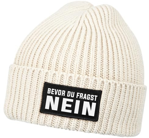MoonWorks® Herren Beanie mit Patch Strickmütze mit Spruch Bevor du fragst - Nein Aufdruck Lustig Mütze Männer