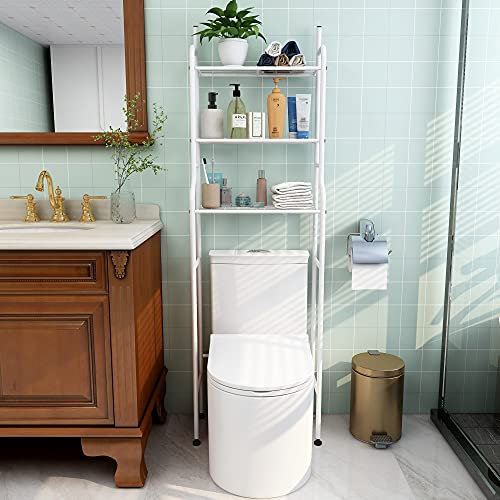 HAHRIR 3-Tier Over The Toilet Storage Rack Free Standing Metal Bathroom Shelf Storage Shelf Unit Organizer Bathroom Shelf Space Saver (White)