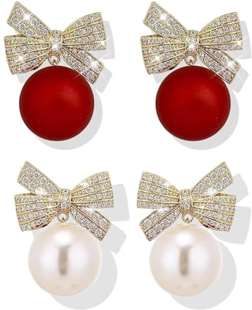 Weihnachten Ohrringe Perle Bogen Ohrringe Neuartige Lustige Weihnachten Ohrhänger Accessoires für Damen Mädchen 2 Paar