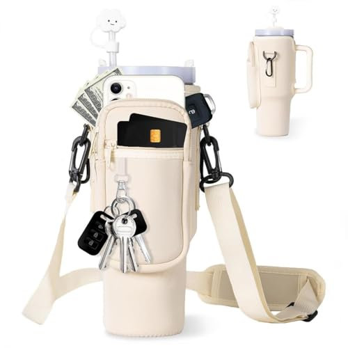Support de Bouteille d'eau pour Stanley Quencher Tumbler 40 oz,pochette de bouteille avec pochette de téléphone,Porte-Bouteille d'eau avec bandoulière réglable,pour la randonnée et le voyage (Beige)