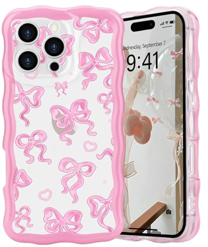 L-FADNUT for iPhone 16 Pro Case Cute Bow Wave Frame Clear, Pink Bow