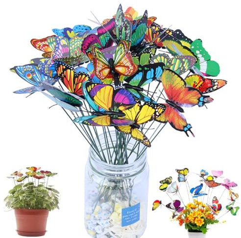 OUDQFCJ 50 pièces Papillons à double aile pour décoration jardin, décoration jardin exterieur, patio, fêtes, plantes, cour extérieure, decoration exterieur, deco jardin, avec bâtonnets