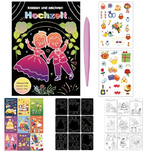 YANGUN Kratzbilder für kinder, 9 Blätter malbuch hochzeit, Hochzeitsmalbuch, 2 Aufkleber Magic Scratch Book, Kratzpapier Set zum Zeichnen und Basteln für Party Favor Aktivitäten Geschenk