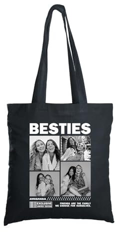 Herz & Heim® Personalisierter Stoffbeutel mit Fotos & Wunschtext – Magazin-Cover-Design – Schwarze Baumwolltasche mit Text & Bildern – Geschenk mit eigenen Fotos & Text