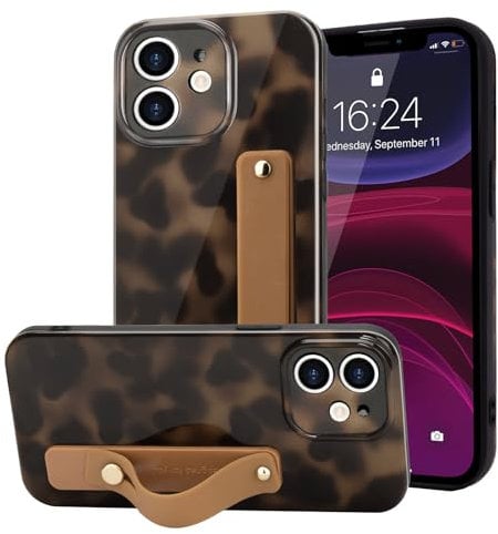 LAPOPNUT for iPhone 11 Case with Wrist Strap,Cheetah Leopard Tortoise Shell Print Shockproof Soft TPU Protective Case Women Girls,Slim Anti Scratch Cover for iPhone 11 6.1 Inch,Yellow