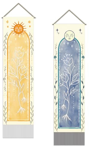 SUPERDANT 2 Stück Gewölbter Wandteppich Sonne Und Mond Moderner Wandbehang Mit Flowersnmuster Langer Vertikaler Quasten Wandteppich Boho Mit Stangenseilen Für Schlafzimmer Wohnzimmer Veranda 130x33cm