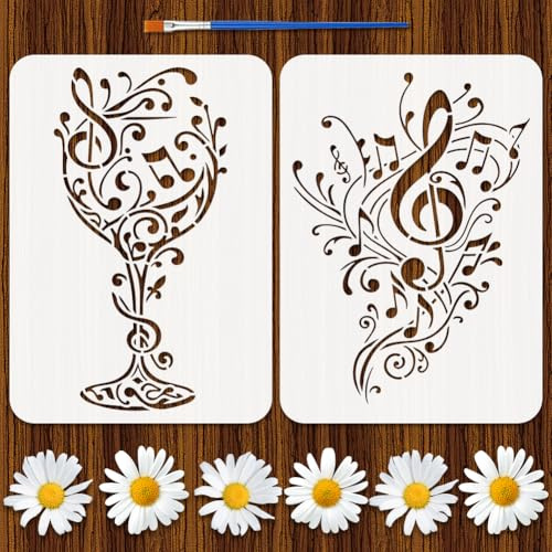 FINGERINSPIRE 2PCS Musical Stencils 21x29.7CM Dancing Music Note Stencils Reusable Music Painting Templates with a Brush for DIY Art on Canvas Wood Furniture Home Decor