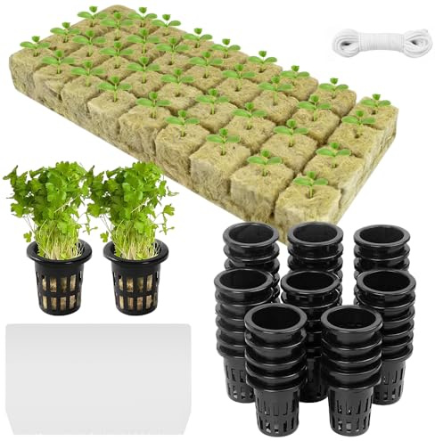 mizikuu 50 Stück Steinwolle Anzucht, Steinwolle Würfel 2.5 x 2.5 x 4cm Natur Rockwool Cubes mit Netztöpfen Hydrokultur Pflanzen Net Kit Easy Plug Anzuchtwürfel für Bodenlos Stecklinge Klonen