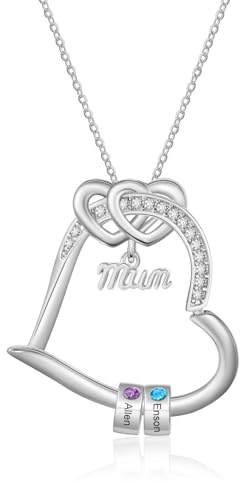 Personalised Gold Necklace for Mum Heart Pendant with Name Birthstone Gift for Mother's Day, Birthday, Christmas
