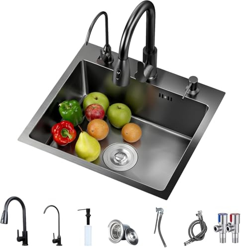 Évier de Cuisine Noir 50x45cm Encastrable, Évier Inox 1 Bac avec Robinetterie Complète (Mitigeur & Eau Potable), Poste de Travail (Workstation) Anti-Rayures pour Angle et Plan de Travail