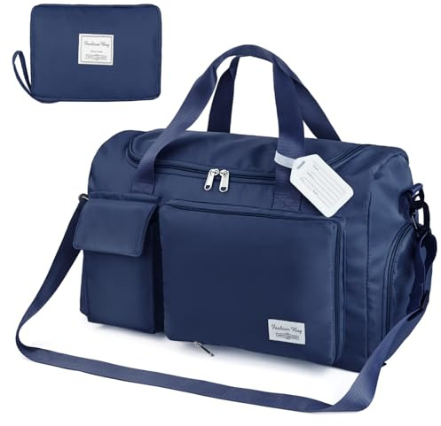 Travel Duffel Bag, Foldable Gym Bag Overnight Weekend Bags for Women, Lightweight Hospital Bag with Wet and Dry Separation Bag, Large Holdall Bag Cabin Bag for Sports and Travel - Dark Blue