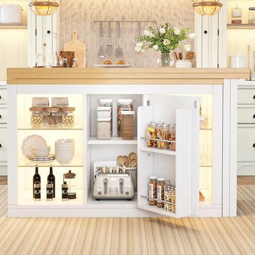 Merax Extendable LED Sideboard Kitchen Island 120–197cm Glass Storage Unit | Extendable LED kitchen island 120-197cm sideboard with glass shelves, RGB app lighting, snack rack storage cabinet