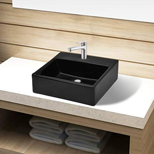 Festnight Keramik Waschbecken | Aufsatzwaschbecken mit Hahnloch | Handwaschbecken Waschschale Schwarz 380 x 300 x 115 mm (B x T x H)