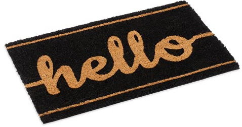 Ecomills Hello Black Coir Door Mat, 18 x 30 x 0.5, Non Slip Backing, Modern Front Door Welcome Entrance Mat, Natural, Indoor Outdoor, Low Profile, Easy to Clean, Great for Entry Ways, Patios