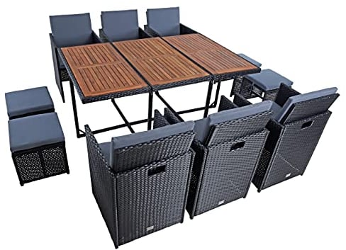 ESTEXO Polyrattan Sitzgruppe Gartenmöbel Set Essgruppe Gartenset Rattanmöbel Rattan Set Hocker Gartenstühle Gartentisch (10 Personen/Schwarz)