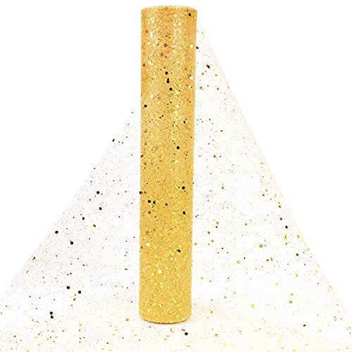 BHGT Tüll Stoff 30cm 9M Dekostoff Weihnachten Tüll Rolle Tischläufer mit Glitzer aus Tüllstoff Tischband Tüllband für Hochzeit goldene Hochzeit (Gold)