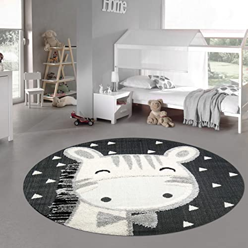 Teppich-Traum Kinderzimmer Teppich Baby Spielteppich 3D Optik High Low Effekt Pferd Creme grau schwarz, 160 cm rund