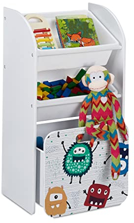 Relaxdays Kinderregal mit 3 Boxen, Monster-Motiv, Kiste mit Rollen, HBT: 80,5x42,5x30 cm, schmales Spielzeugregal, weiß, 10037514_0